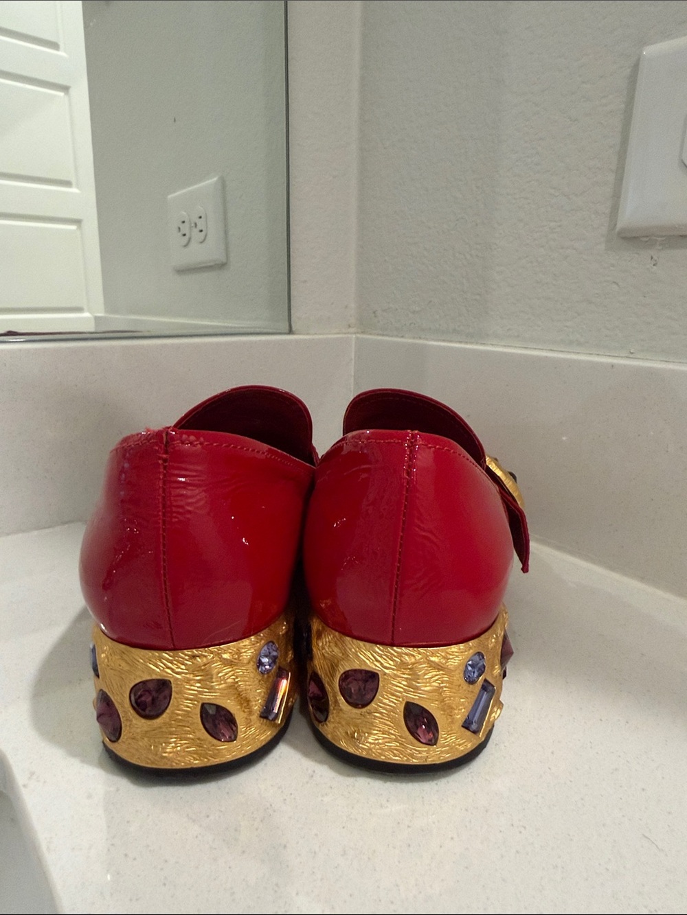 Prada Red Patent Leather Loafers with Gold Medallion - Picture 4 of 8